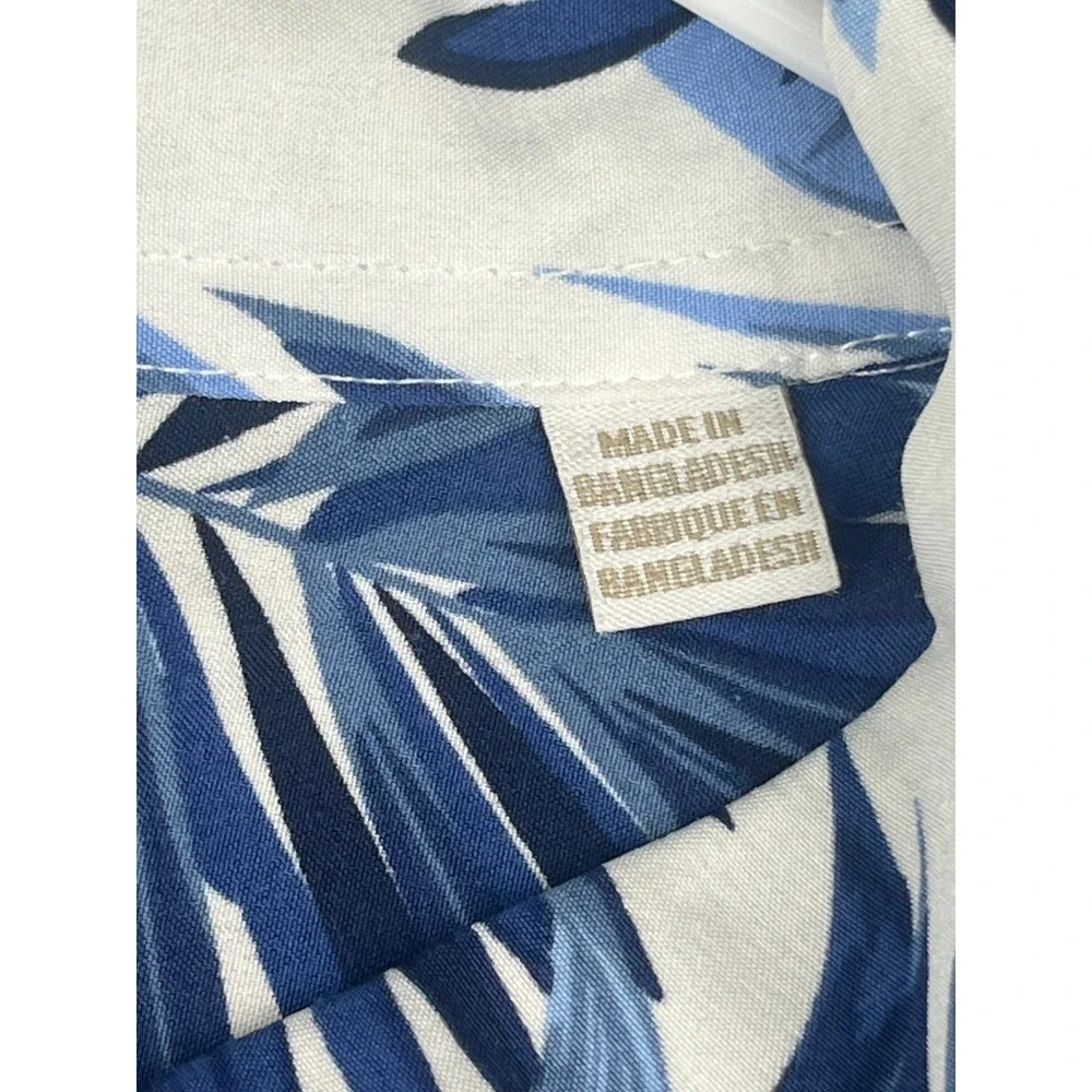 Cotton & Co Tropical Palm Leaf Button Down Shirt Mens Large Blue‎ White Hawaiian